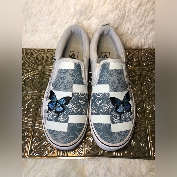 Vans Slip-On Patchwork Sneakers - White and Blue with Butterfly Missy 5 - Picture 3 of 16